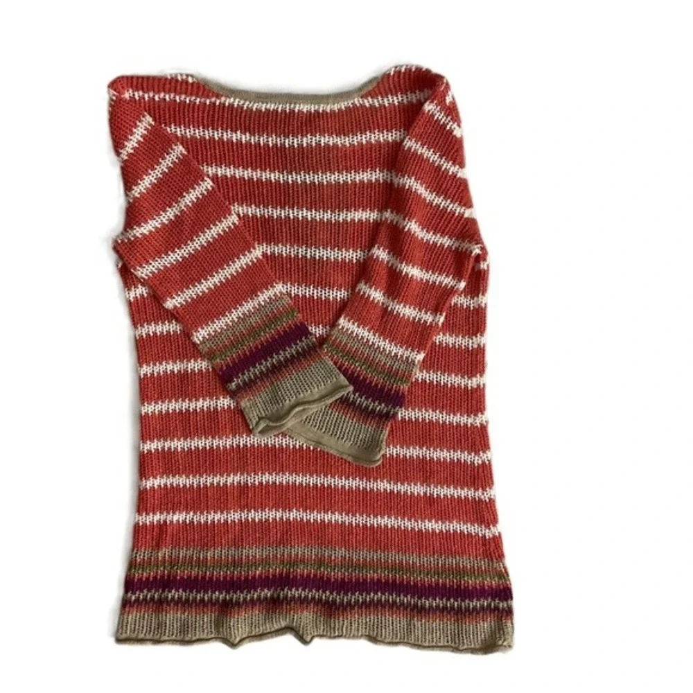 Tommy Bahama‎ Knit Sweater Women Large Orange Striped Tie Neck 3/4 Sleeve